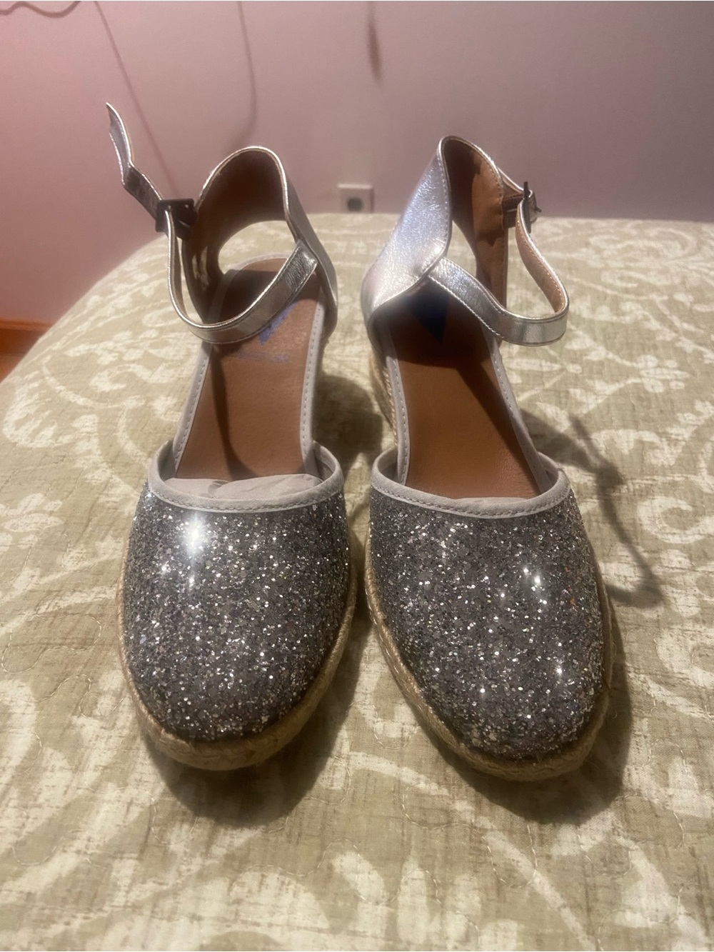 Glitter Silver Espadrille Wedges with Ankle Strap